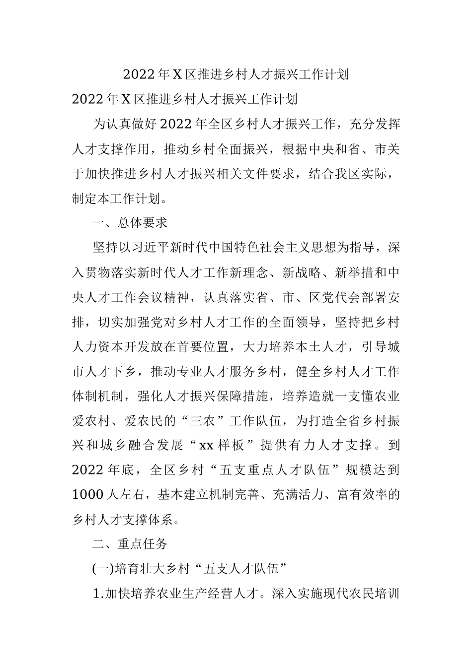 2022年X区推进乡村人才振兴工作计划.docx_第1页