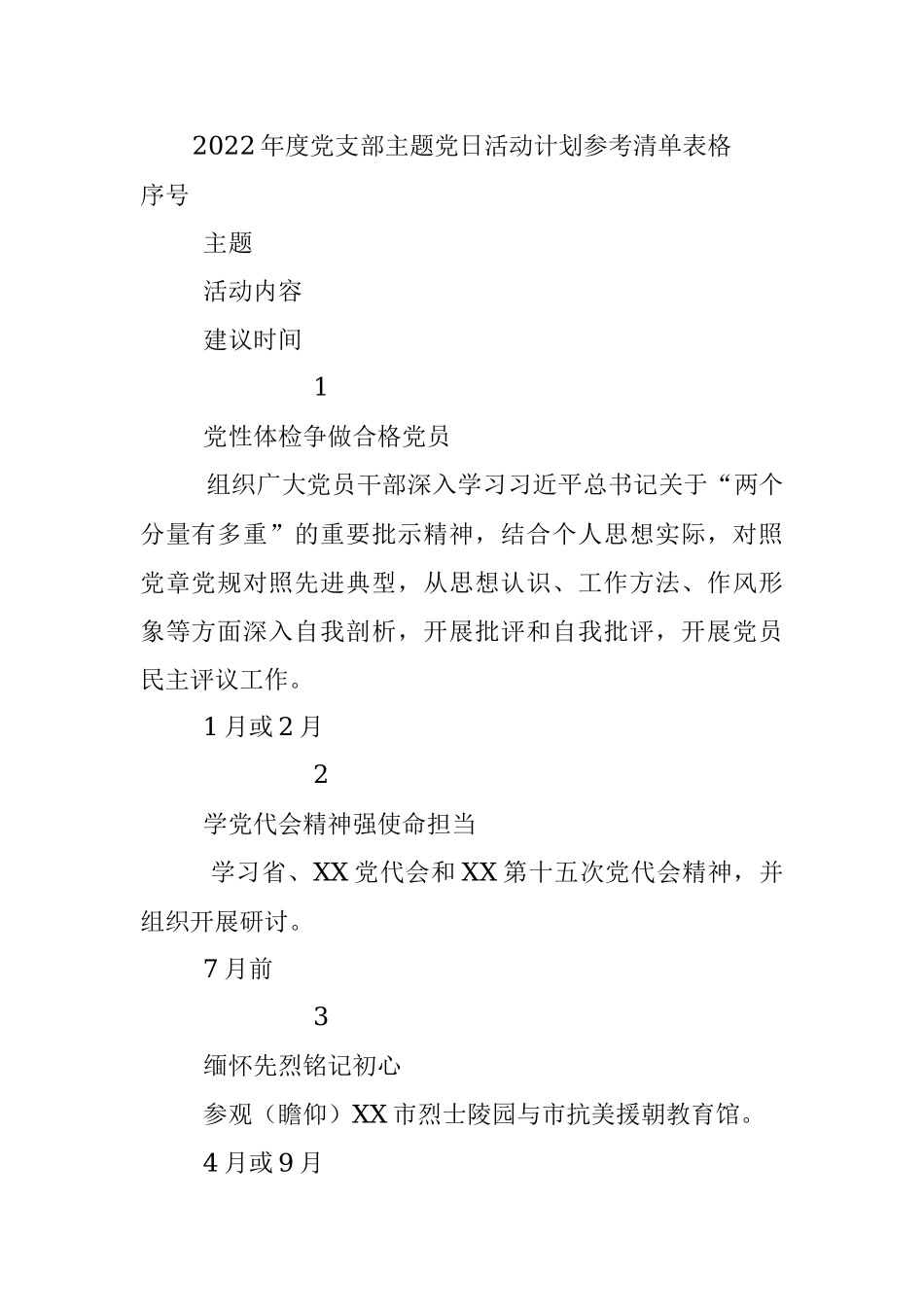 2022年度党支部主题党日活动计划参考清单表格.docx_第1页