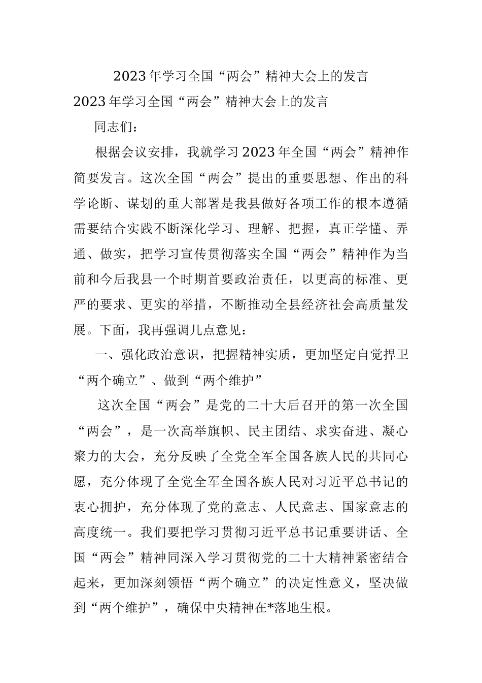 2023年学习全国“两会”精神大会上的发言.docx_第1页