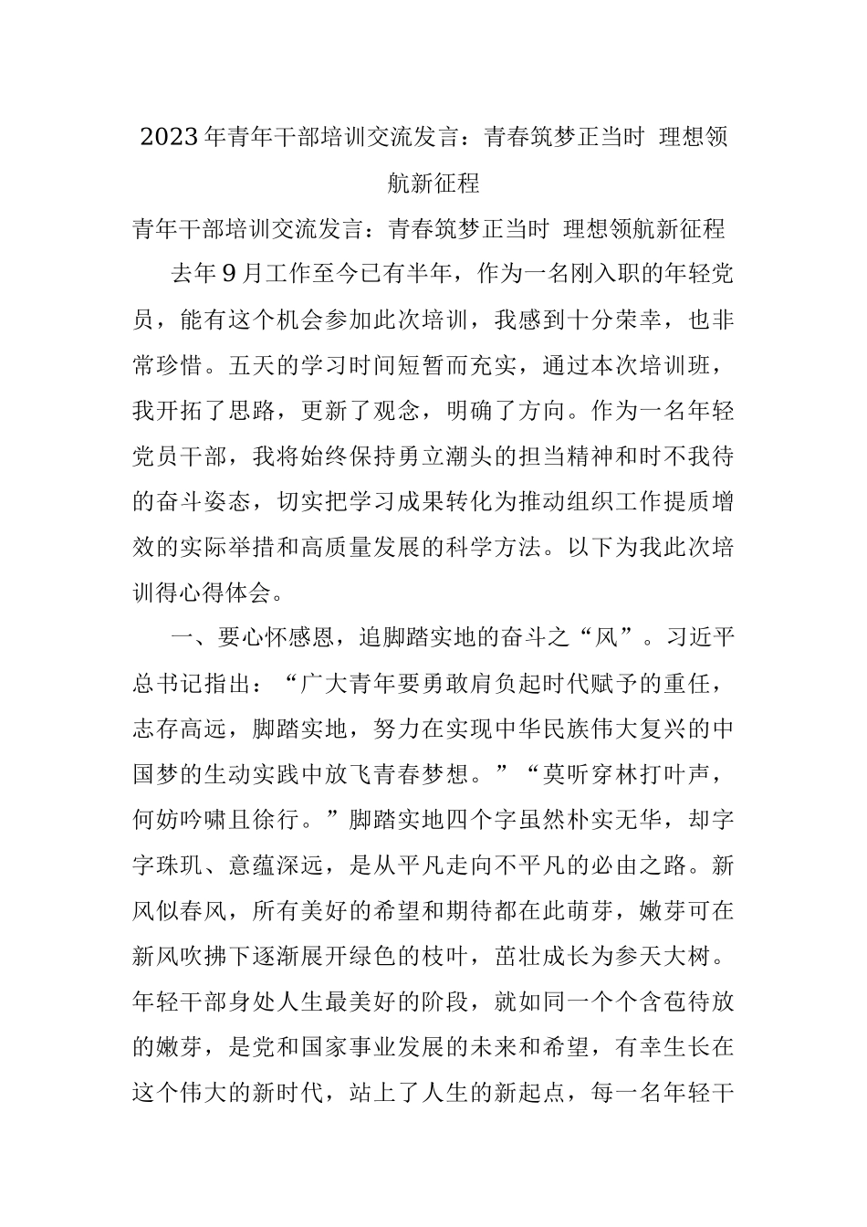 2023年青年干部培训交流发言：青春筑梦正当时 理想领航新征程.docx_第1页