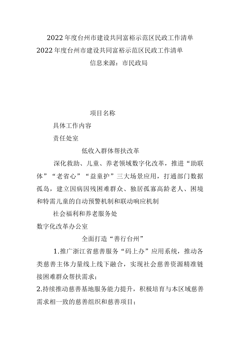 2022年度台州市建设共同富裕示范区民政工作清单.docx_第1页