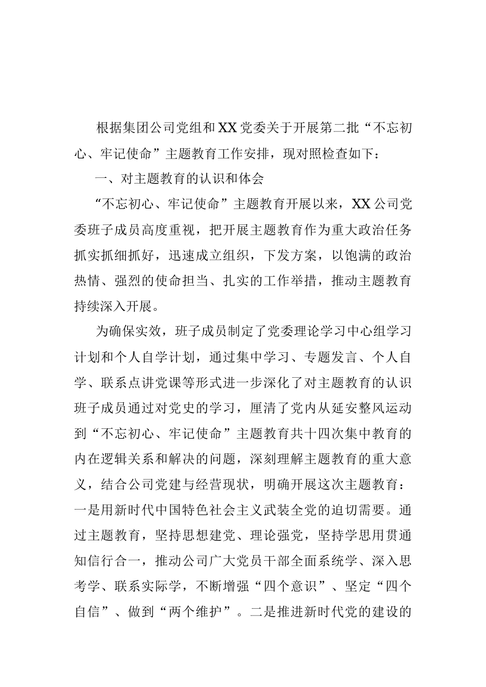 2019年不忘初心牢记使命主题教育专题民主生活会党委班子剖析材料.docx_第2页
