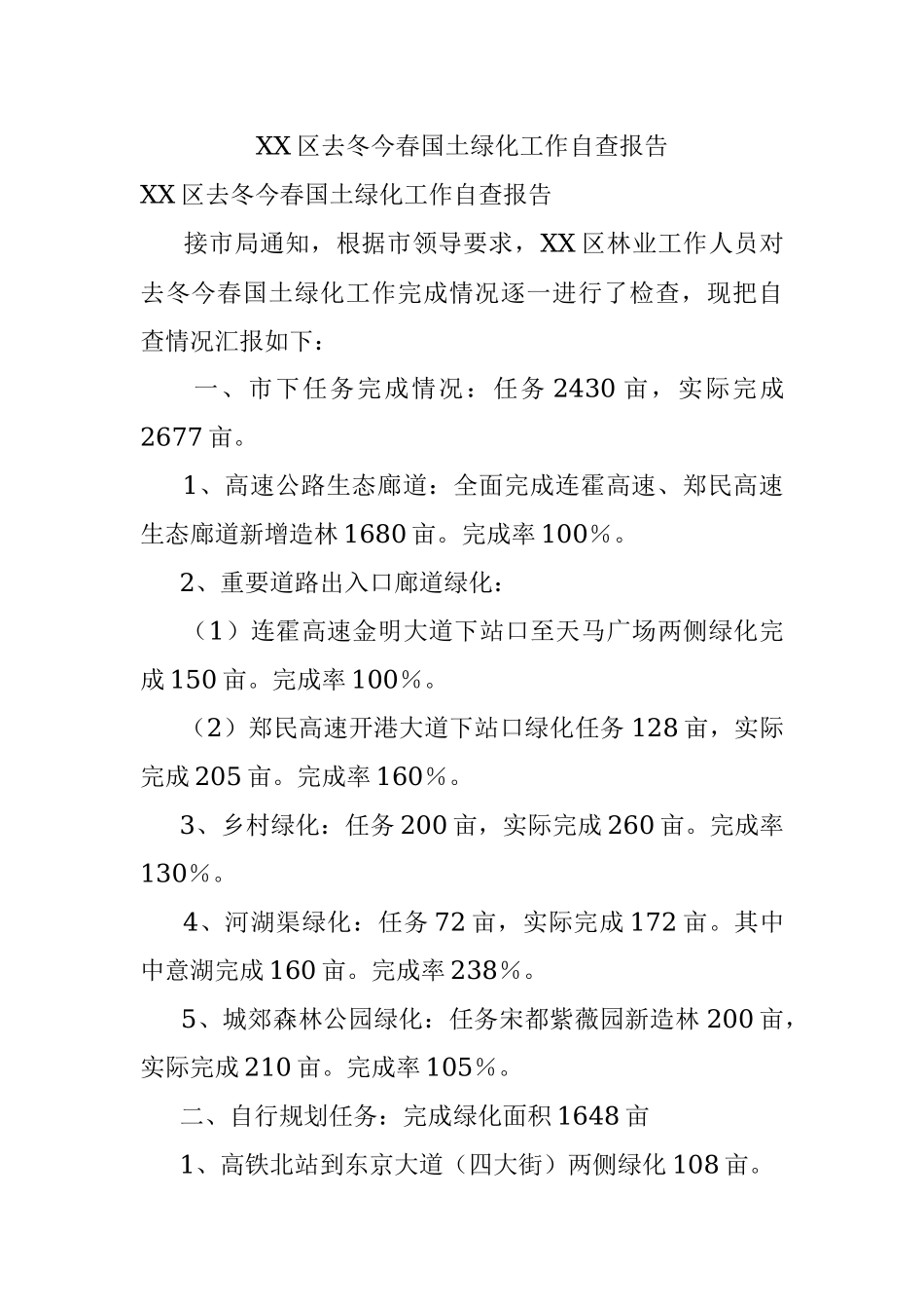 XX区去冬今春国土绿化工作自查报告.docx_第1页