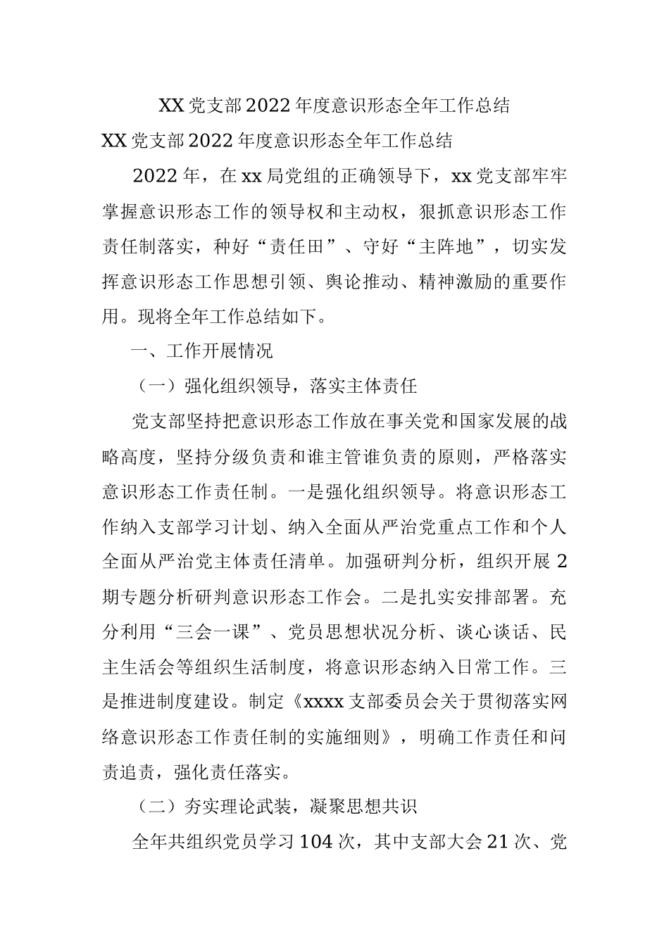 XX党支部2022年度意识形态全年工作总结.docx_第1页