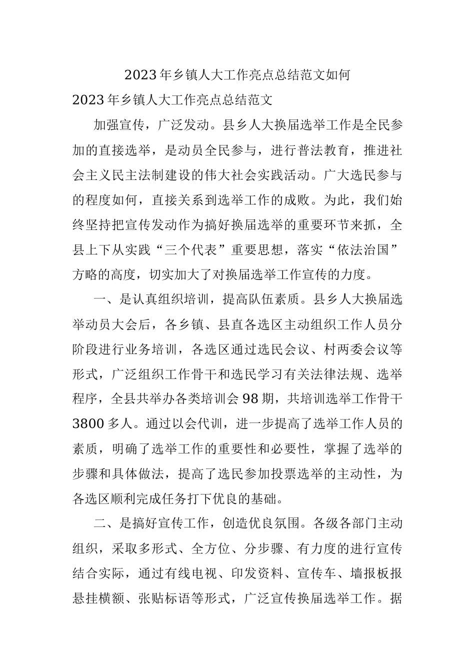 2023年乡镇人大工作亮点总结范文如何.docx_第1页