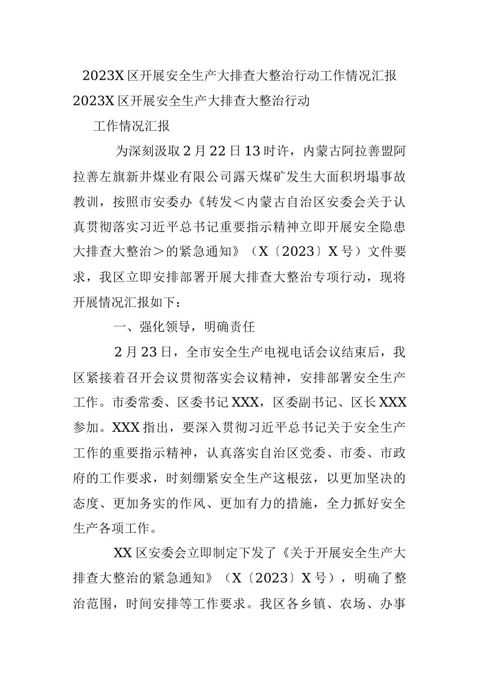 2023X区开展安全生产大排查大整治行动工作情况汇报.docx_第1页