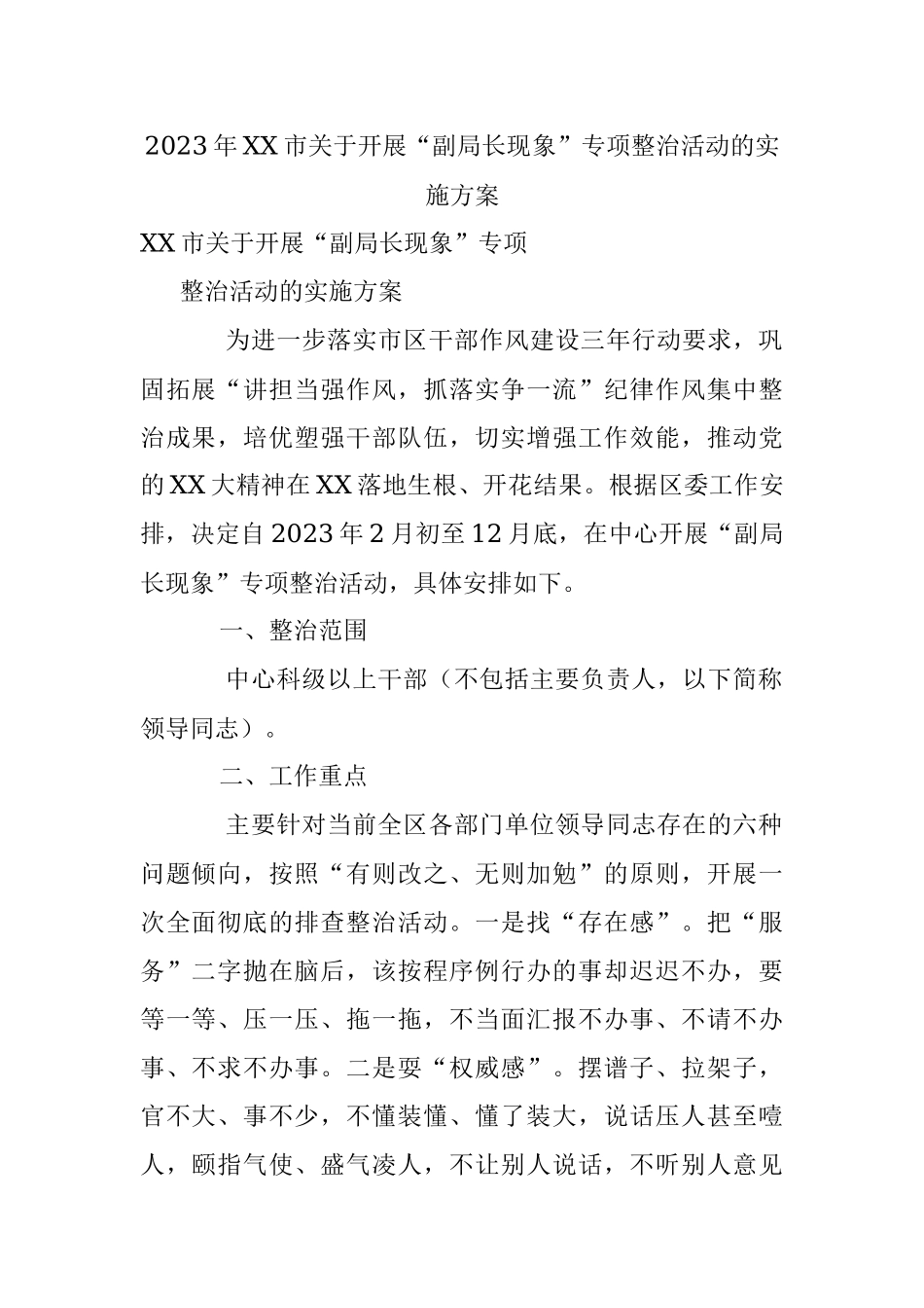 2023年XX市关于开展“副局长现象”专项整治活动的实施方案.docx_第1页