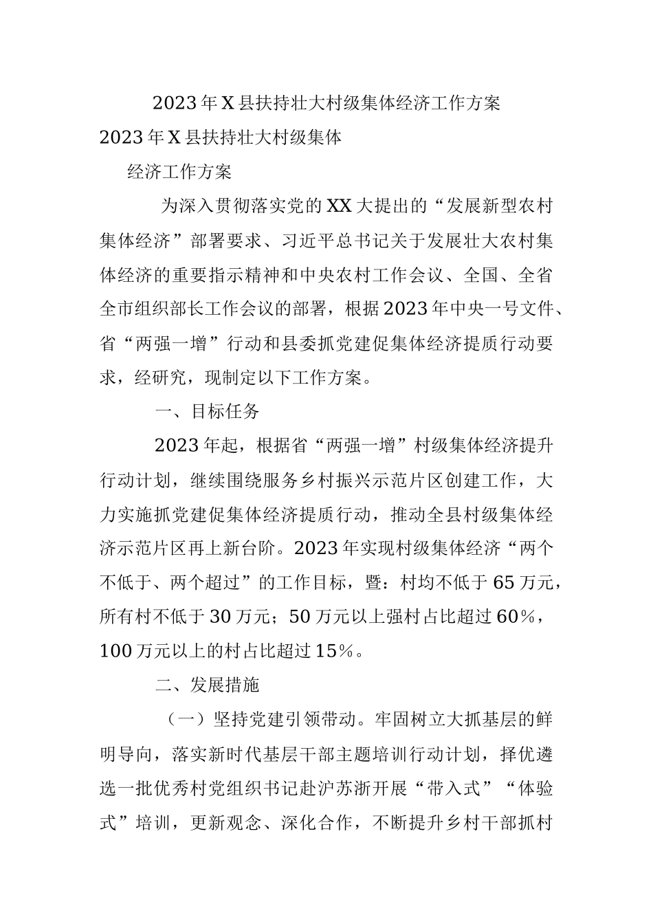 2023年X县扶持壮大村级集体经济工作方案.docx_第1页