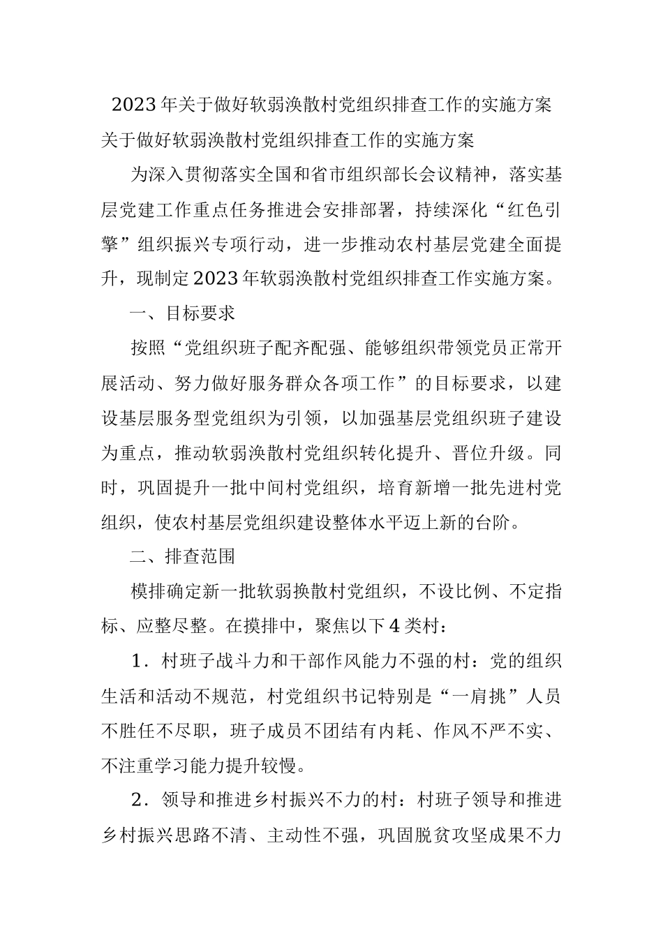 2023年关于做好软弱涣散村党组织排查工作的实施方案.docx_第1页