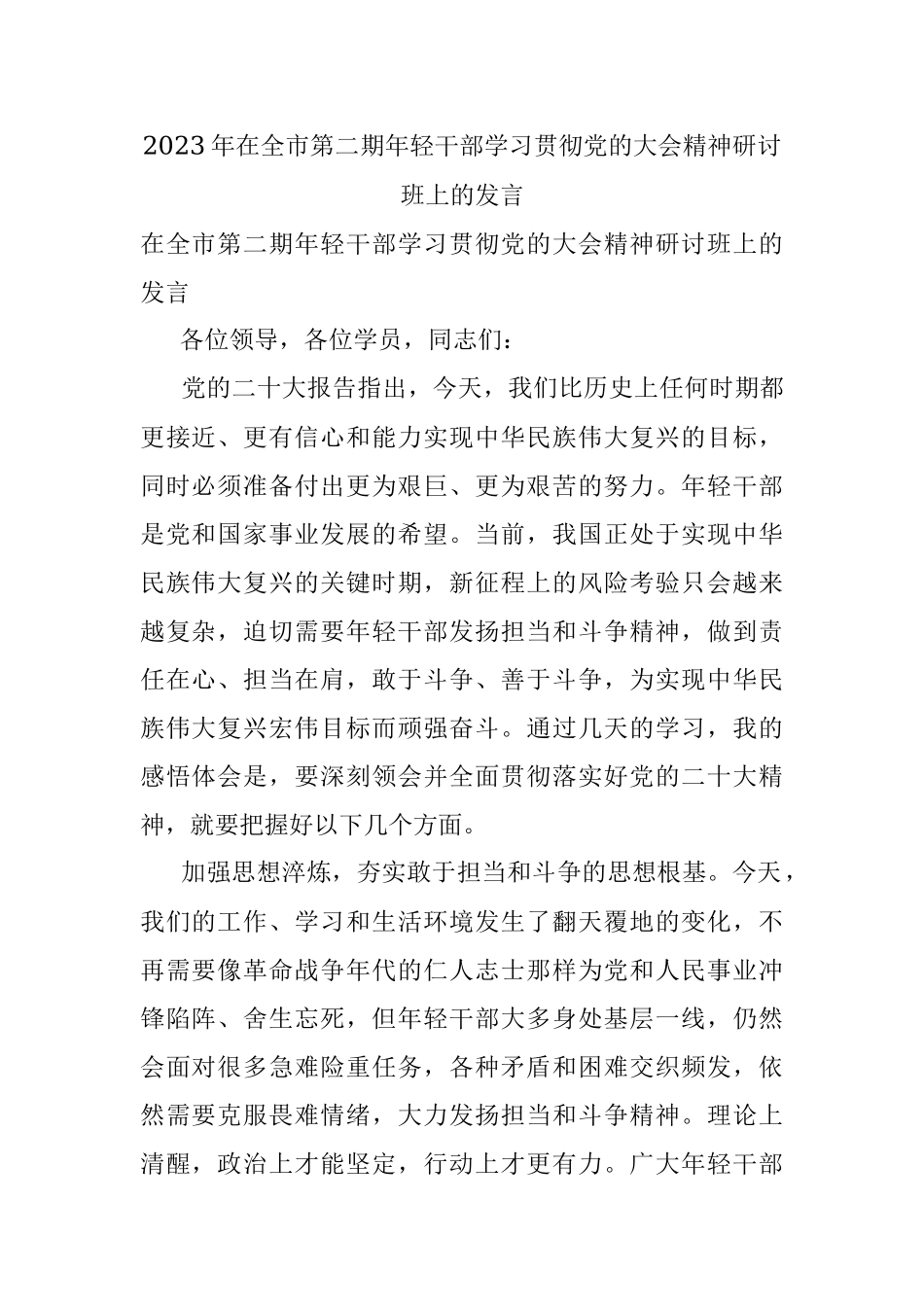 2023年在全市第二期年轻干部学习贯彻党的大会精神研讨班上的发言.docx_第1页
