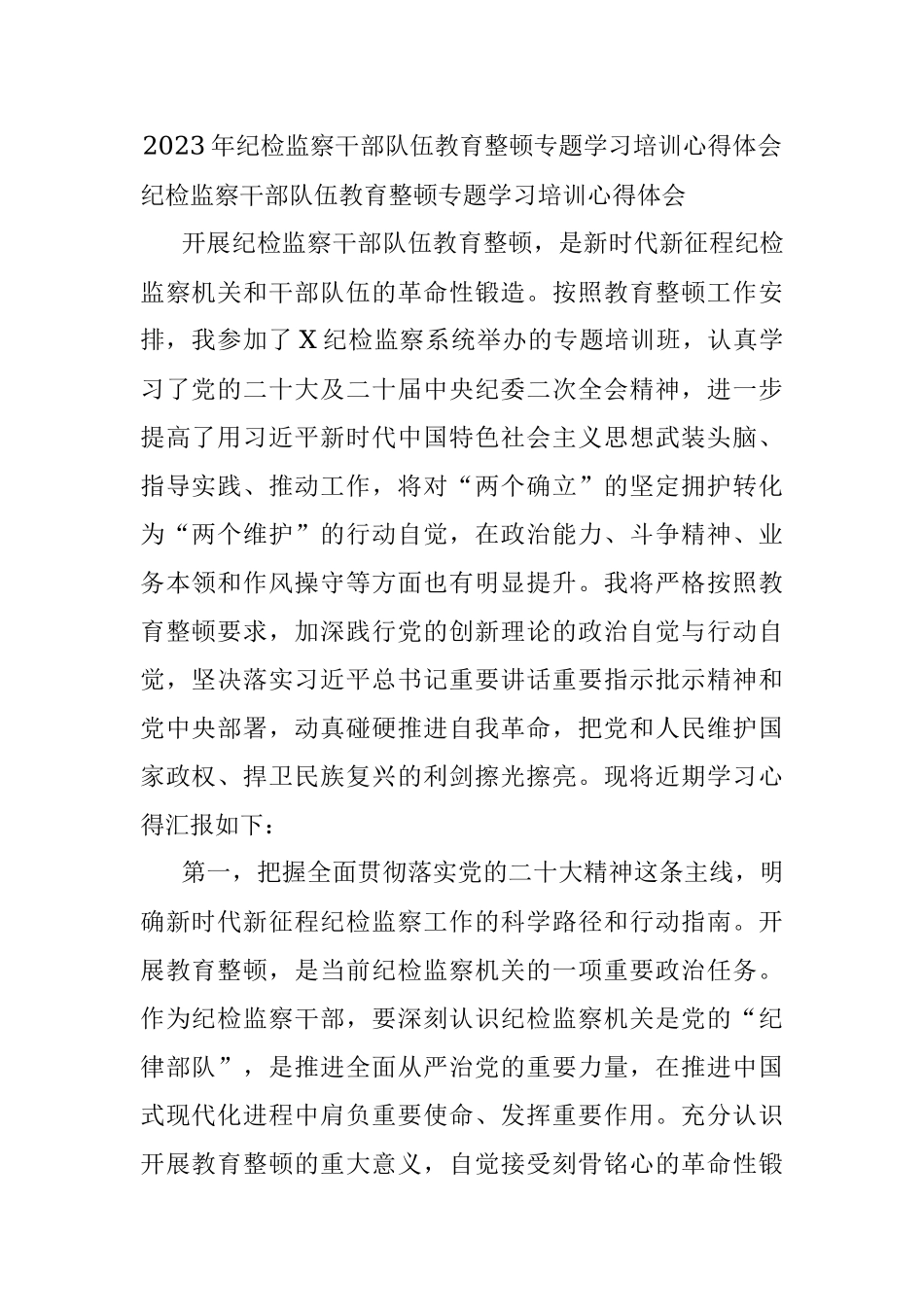 2023年纪检监察干部队伍教育整顿专题学习培训心得体会.docx_第1页