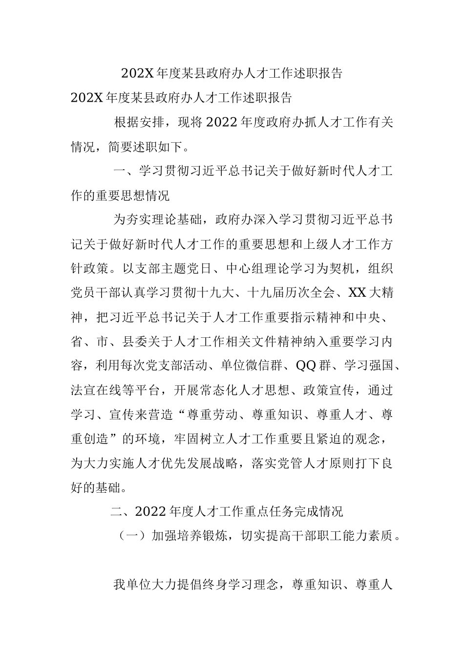 202X年度某县政府办人才工作述职报告.docx_第1页