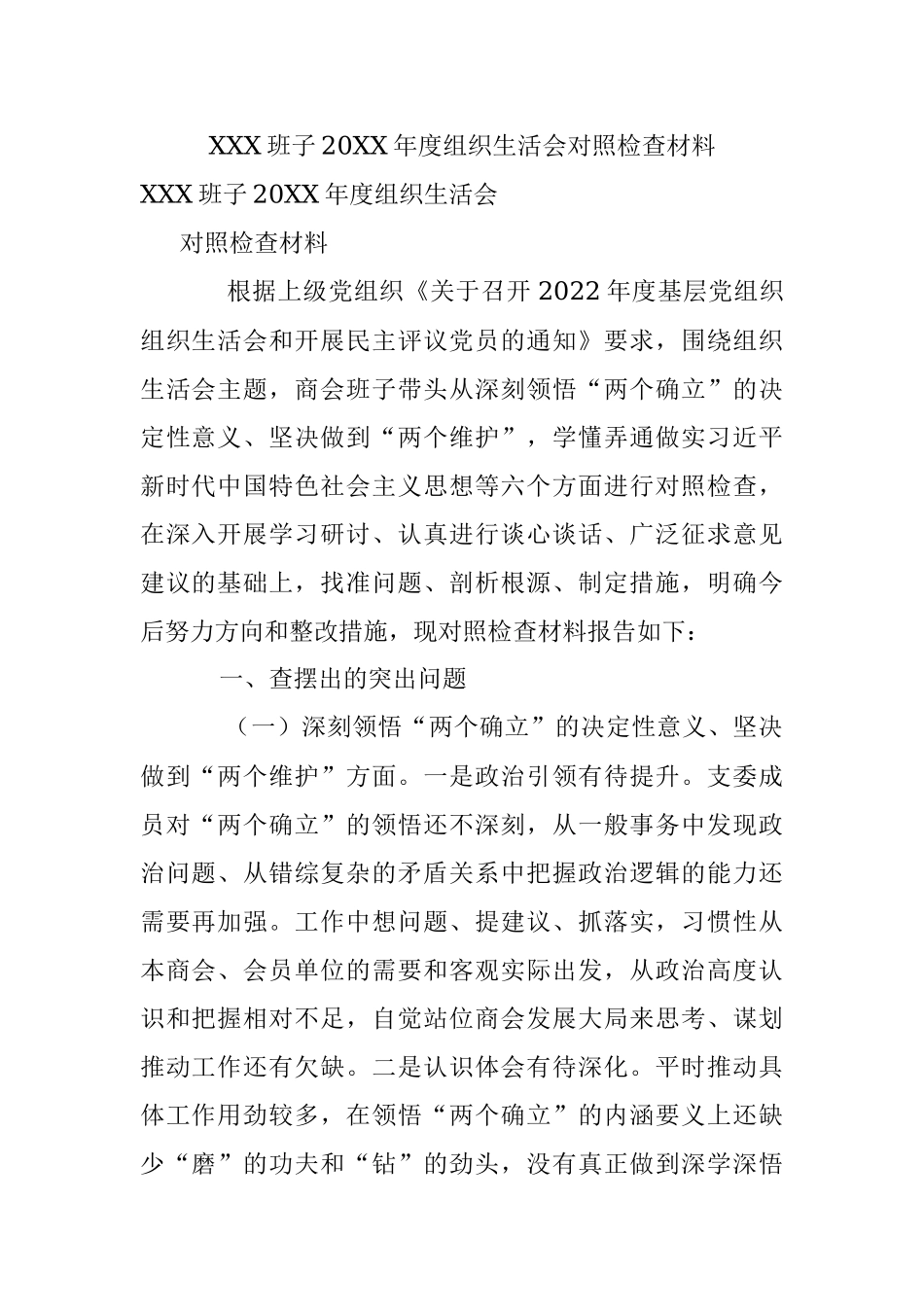 XXX班子20XX年度组织生活会对照检查材料.docx_第1页