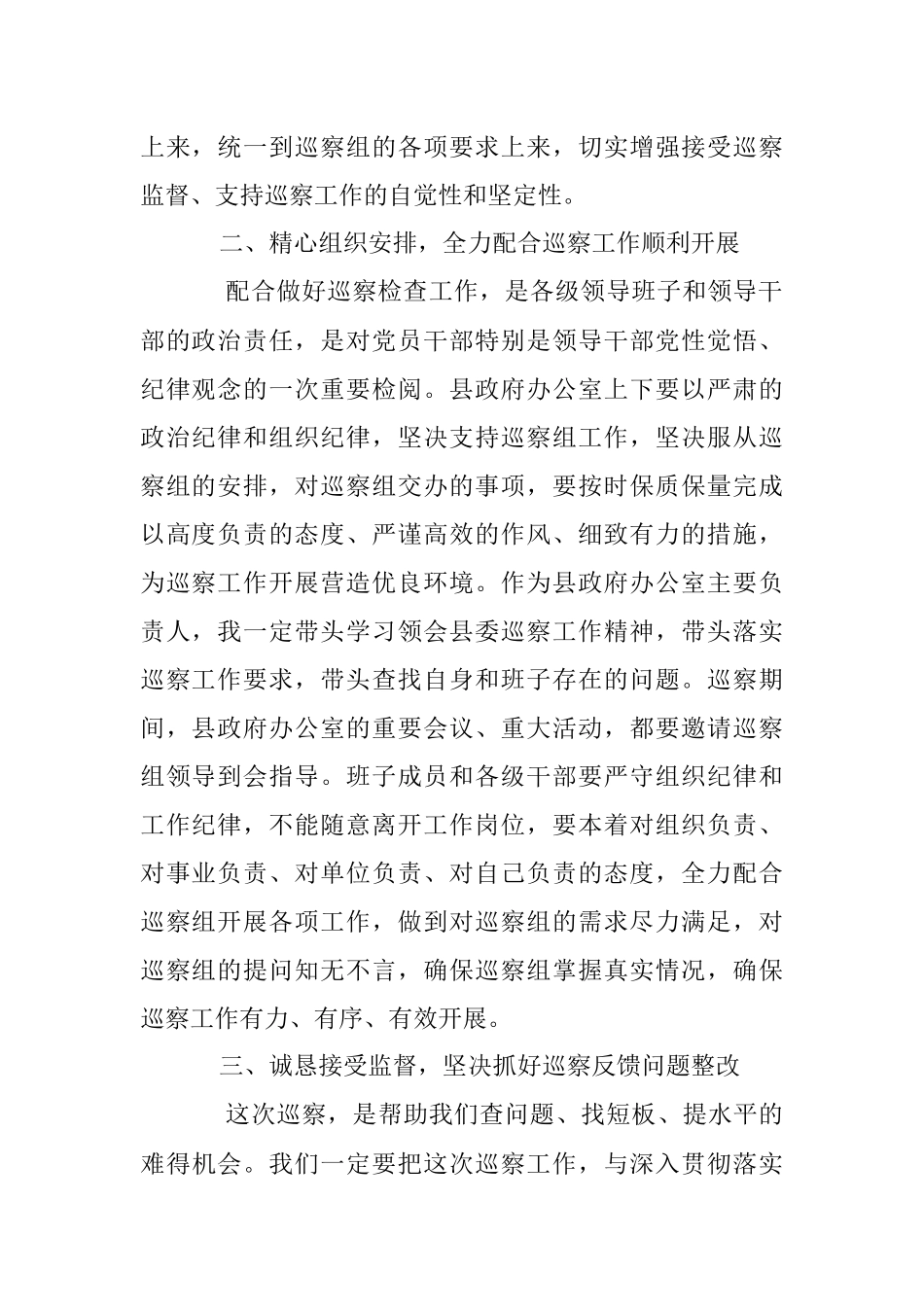 X县政府办公室主任在巡查组进驻暨巡察动员会上的表态发言.docx_第2页