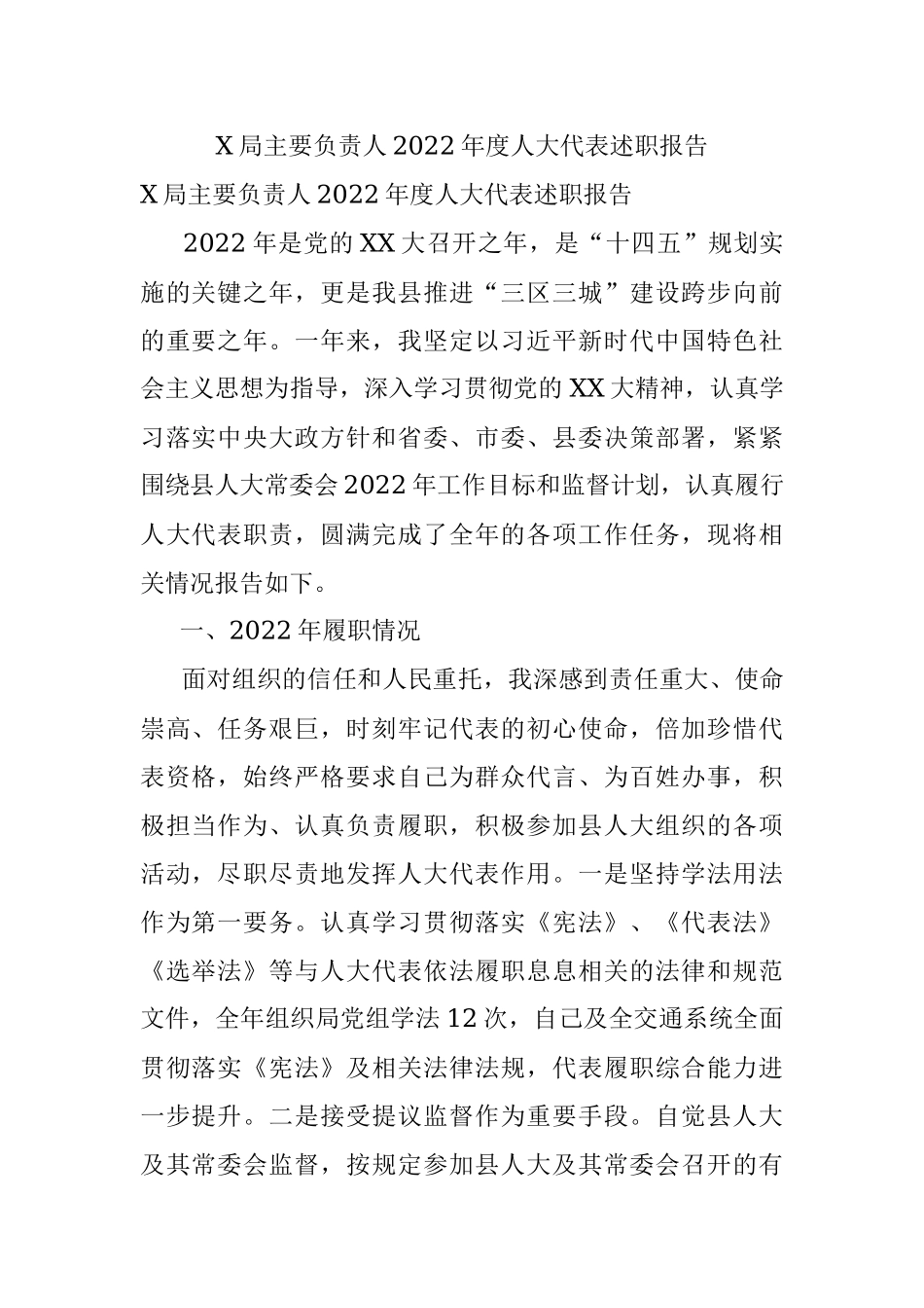X局主要负责人2022年度人大代表述职报告.docx_第1页
