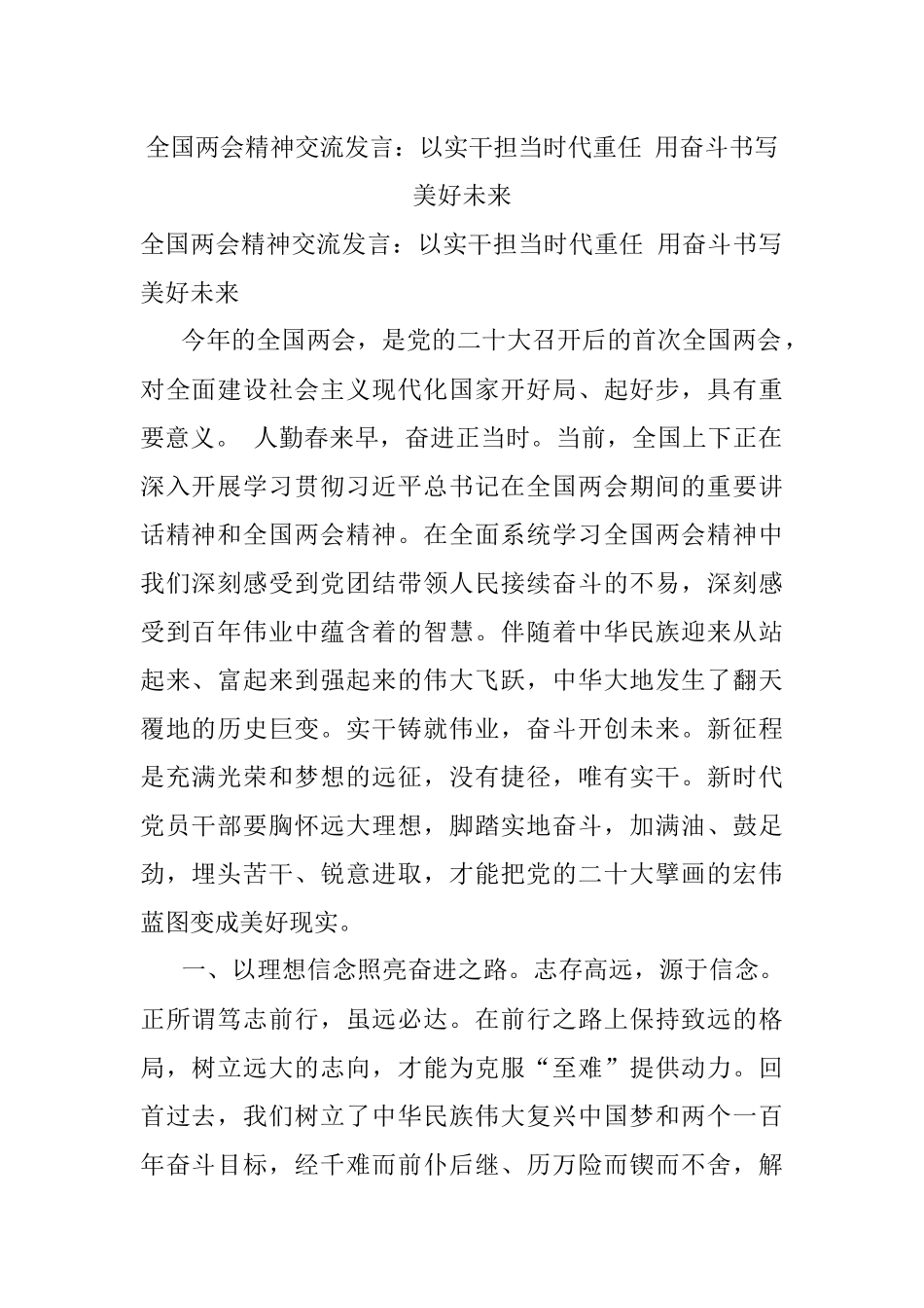 全国两会精神交流发言：以实干担当时代重任 用奋斗书写美好未来.docx_第1页