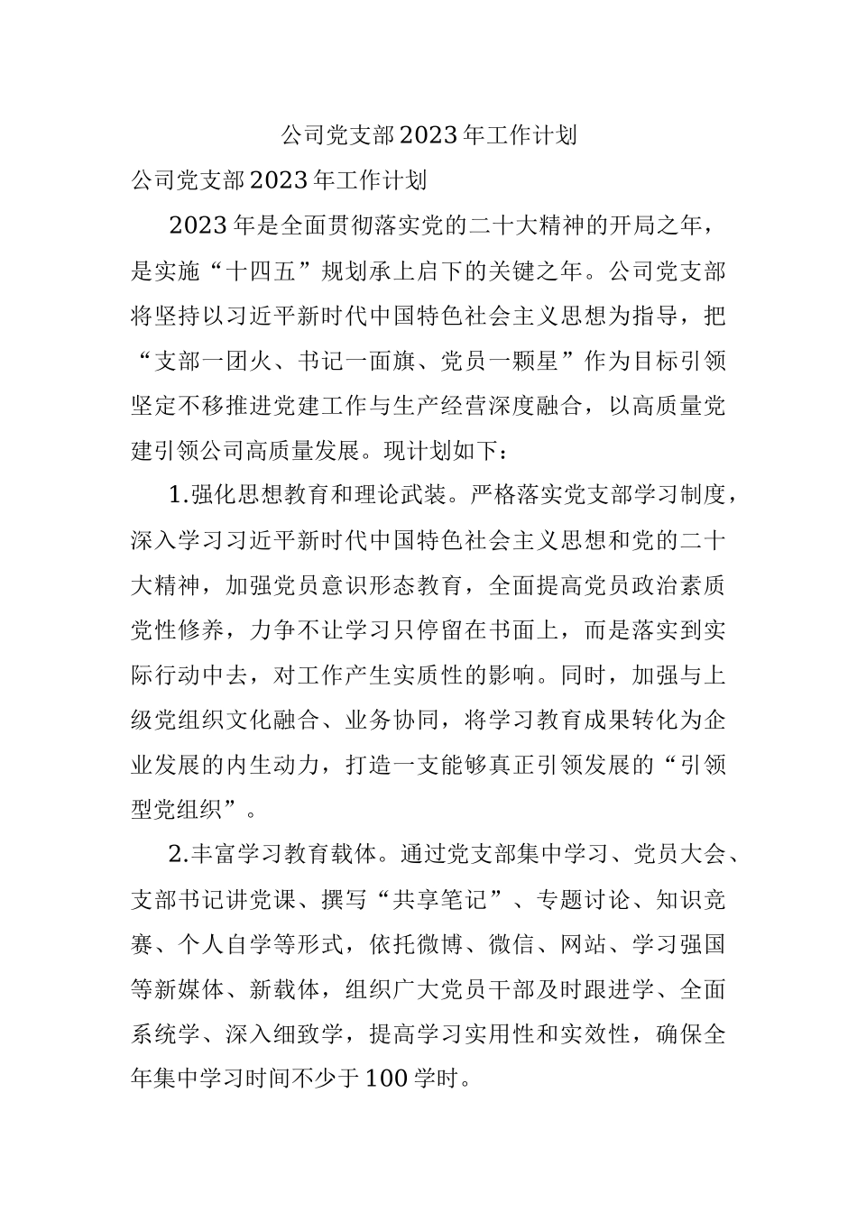 公司党支部2023年工作计划.docx_第1页