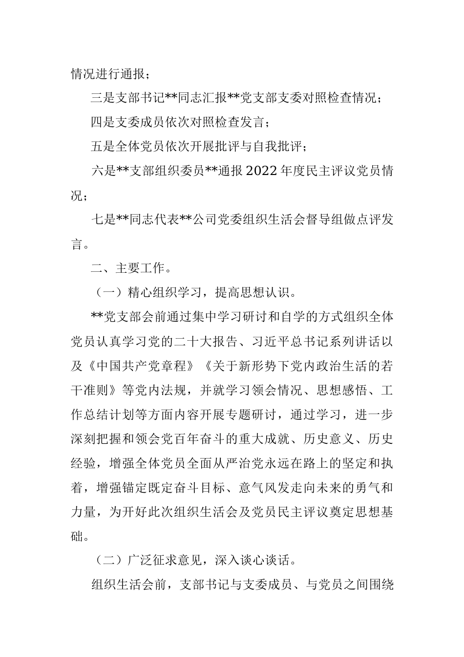 公司党支部2022年度组织生活会召开情况的报告范文.docx_第2页