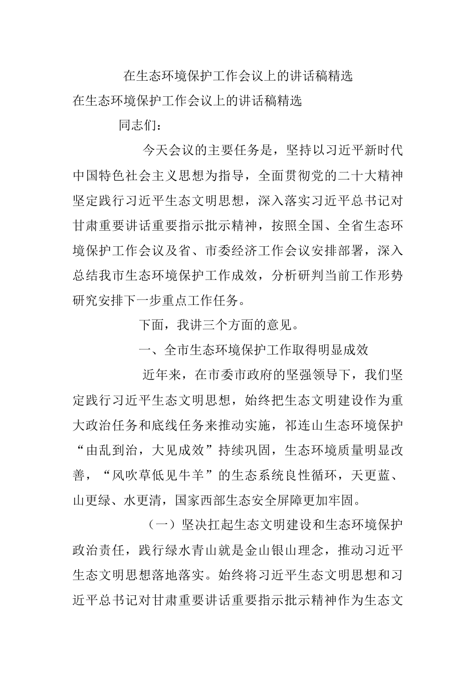 在生态环境保护工作会议上的讲话稿精选.docx_第1页