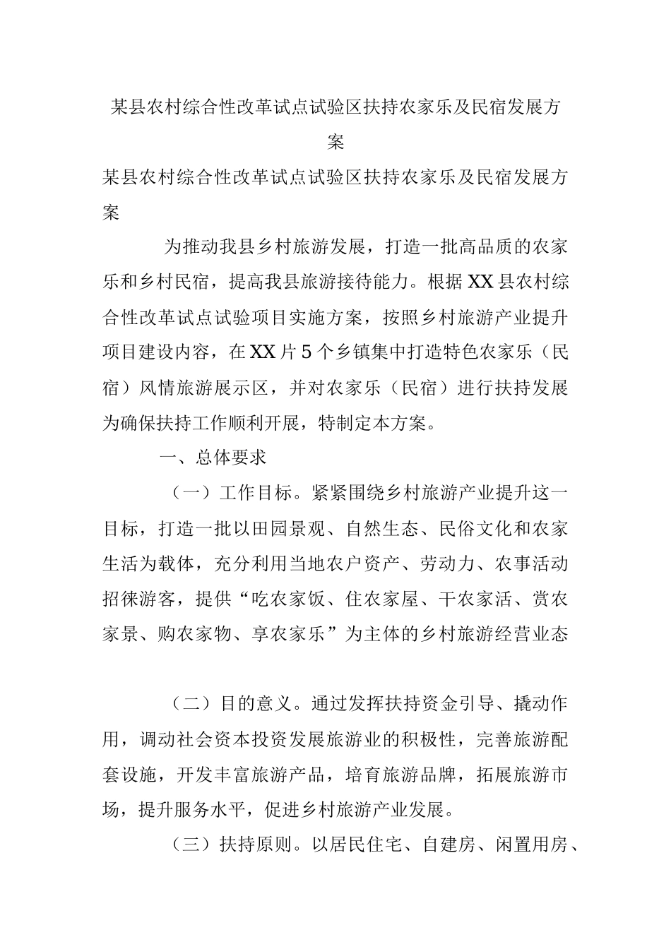 某县农村综合性改革试点试验区扶持农家乐及民宿发展方案.docx_第1页
