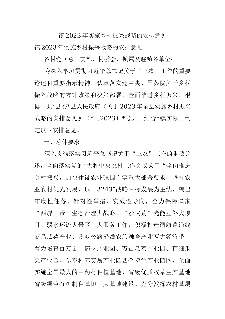 镇2023年实施乡村振兴战略的安排意见.docx_第1页