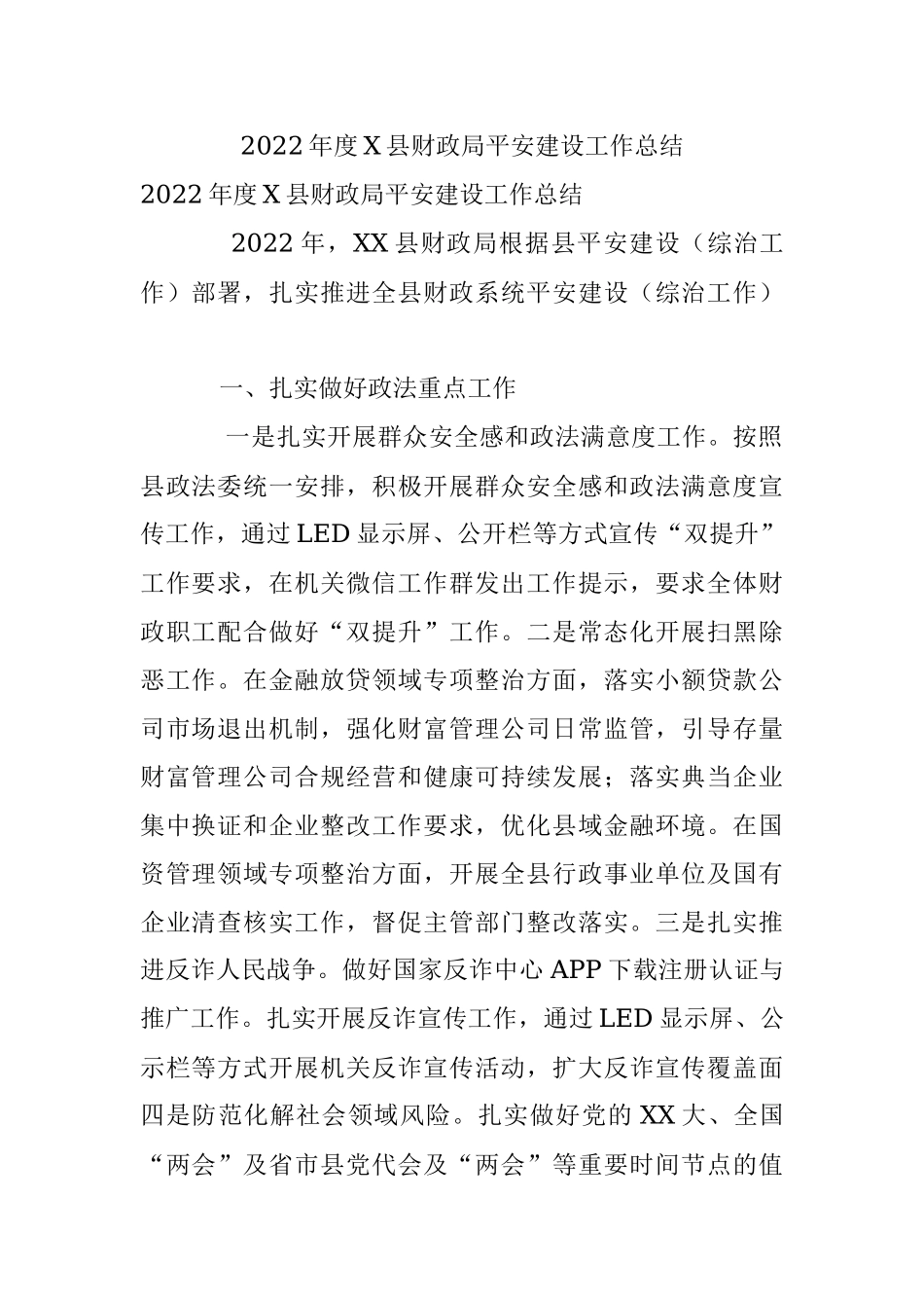 2022年度X县财政局平安建设工作总结.docx_第1页