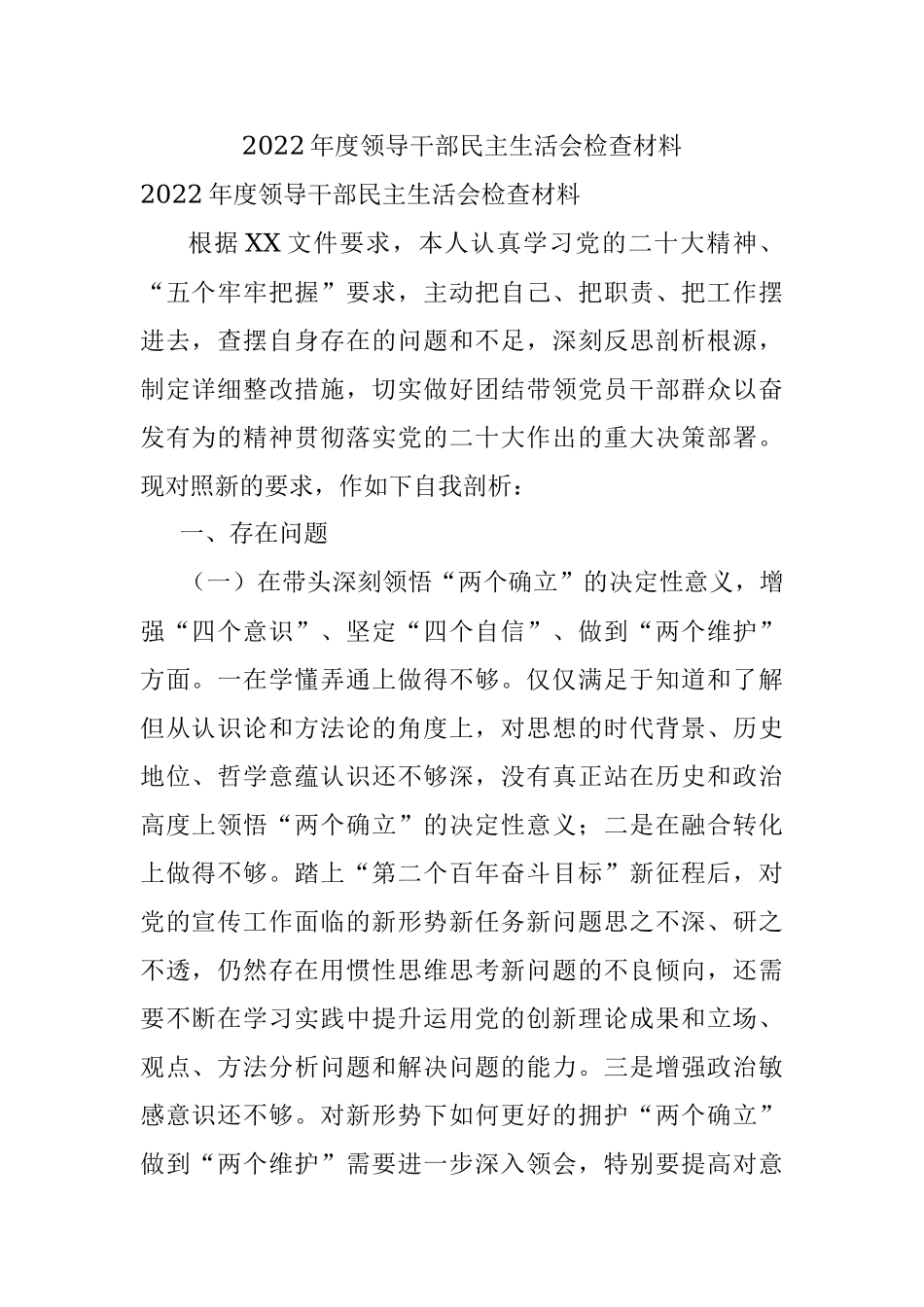 2022年度领导干部民主生活会检查材料.docx_第1页