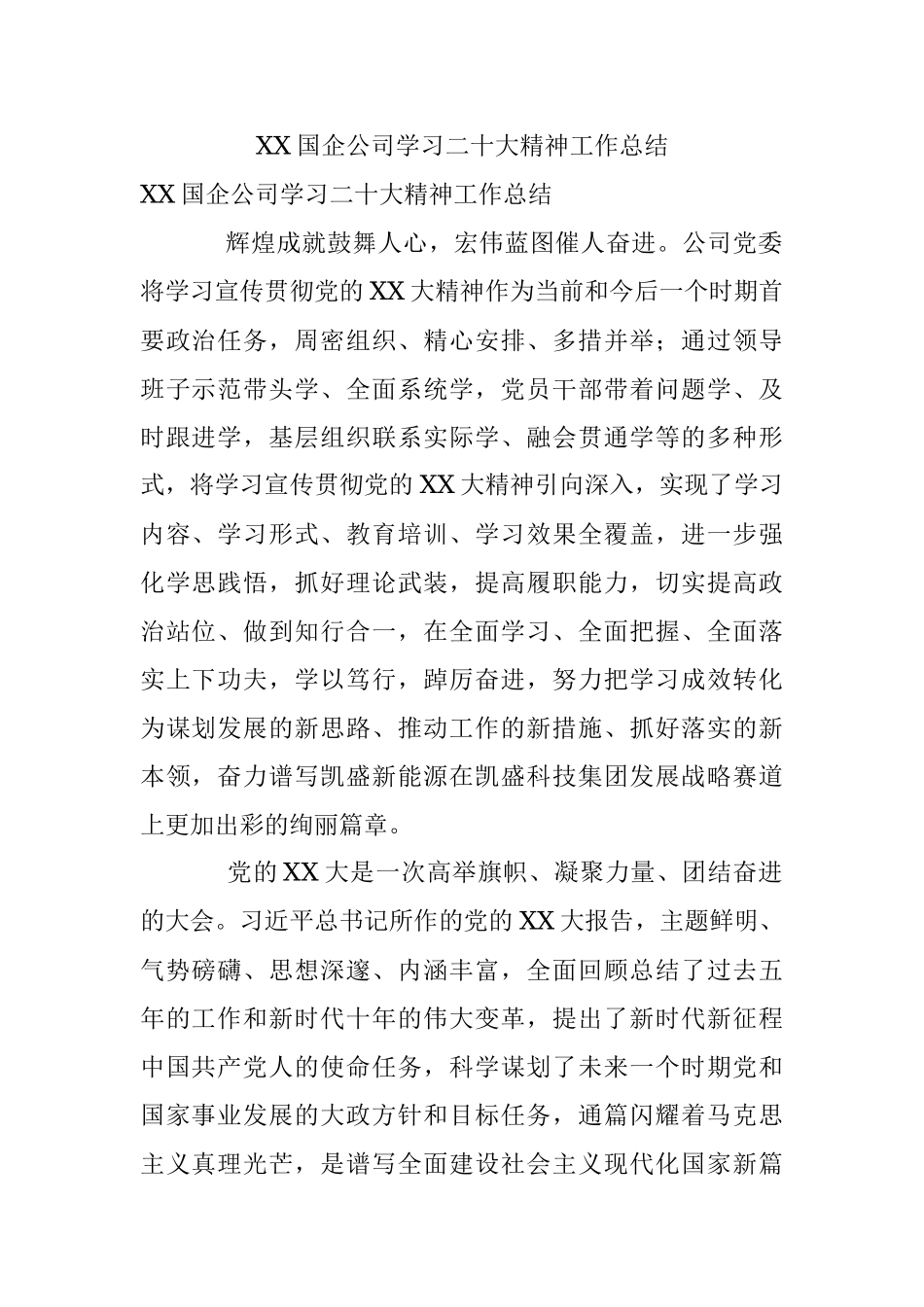 XX国企公司学习二十大精神工作总结.docx_第1页