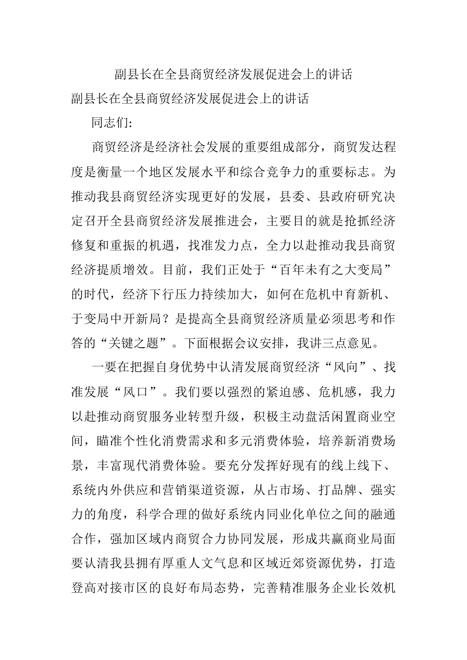 副县长在全县商贸经济发展促进会上的讲话.docx_第1页