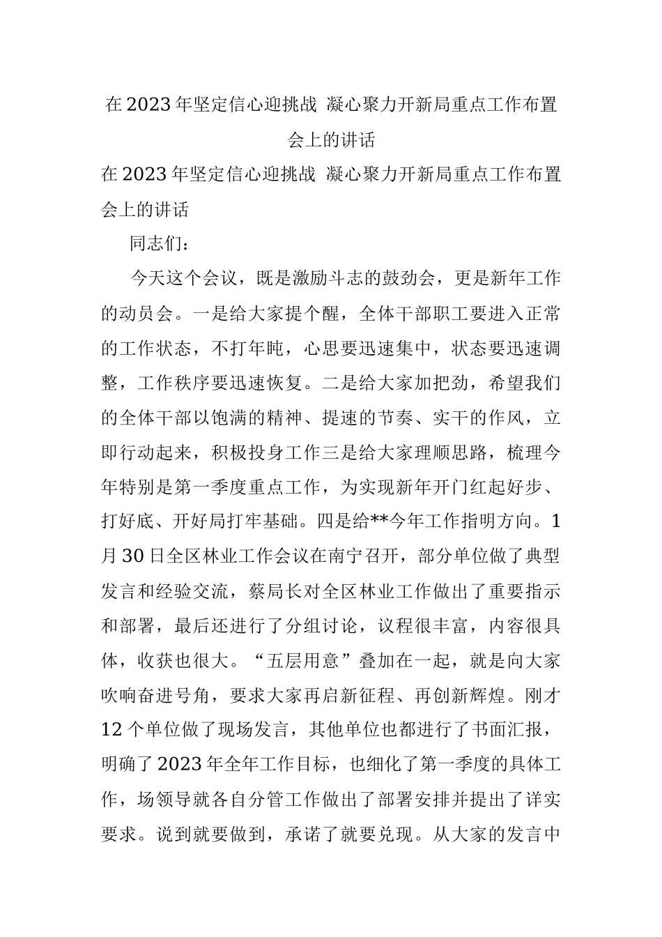 在2023年坚定信心迎挑战 凝心聚力开新局重点工作布置会上的讲话.docx_第1页