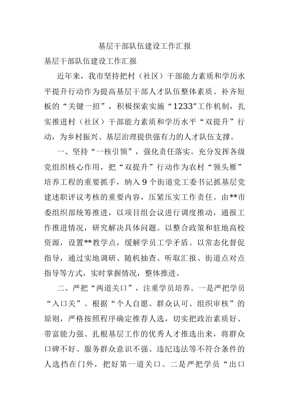 基层干部队伍建设工作汇报.docx_第1页