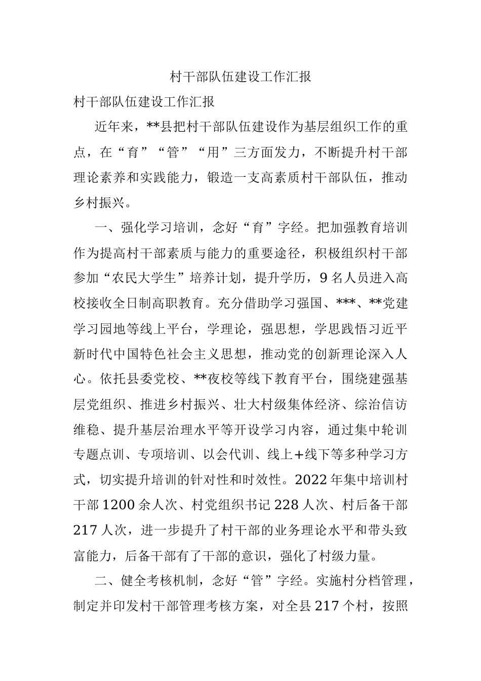 村干部队伍建设工作汇报.docx_第1页