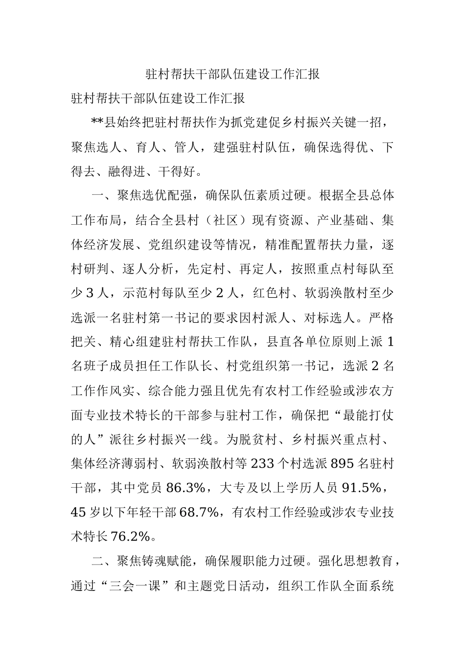 驻村帮扶干部队伍建设工作汇报.docx_第1页