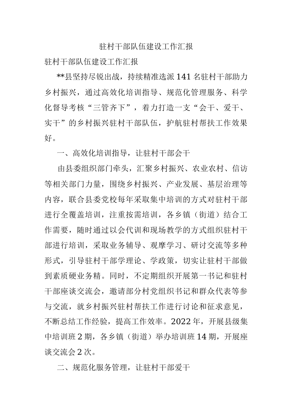 驻村干部队伍建设工作汇报.docx_第1页