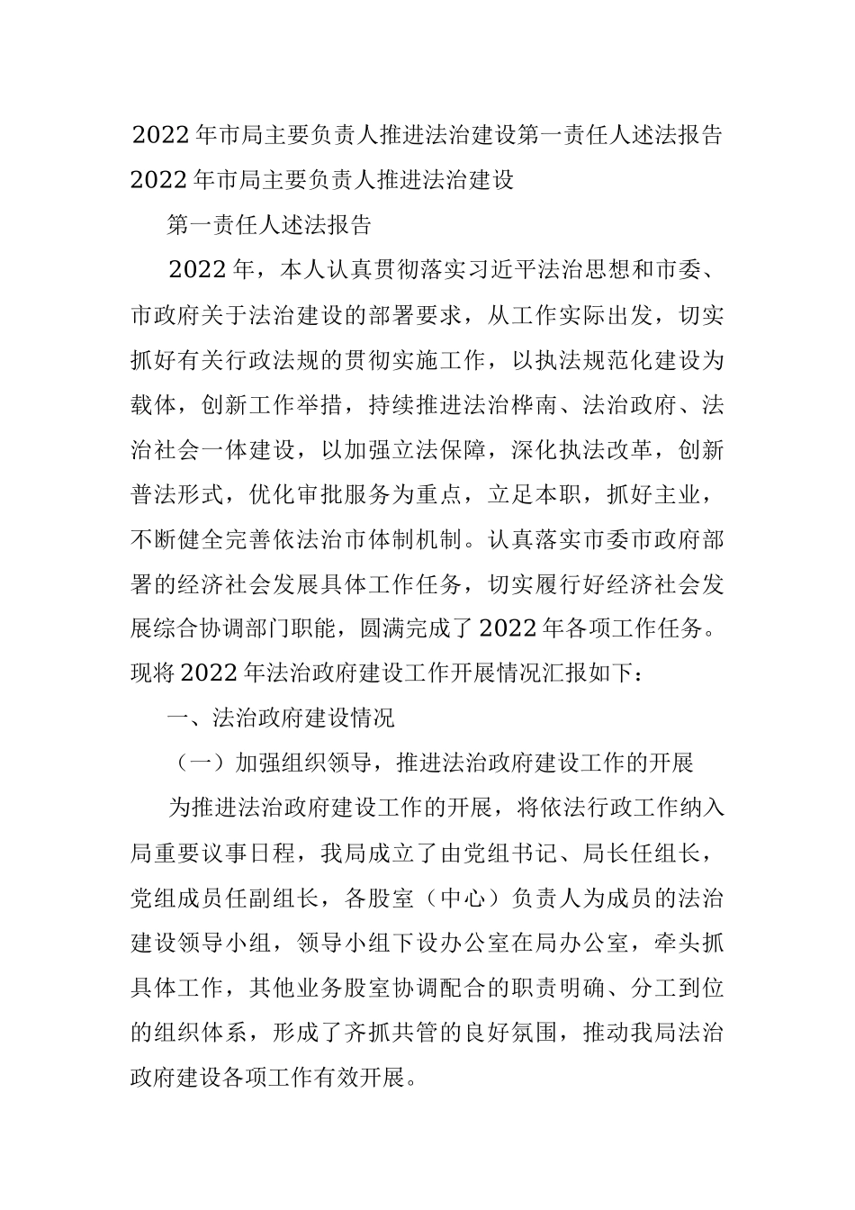 2022年市局主要负责人推进法治建设第一责任人述法报告.docx_第1页