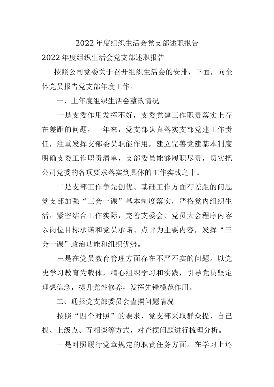 2022年度组织生活会党支部述职报告.docx_第1页