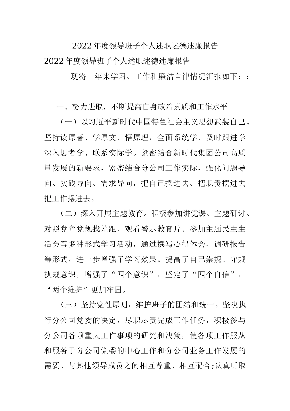 2022年度领导班子个人述职述德述廉报告.docx_第1页