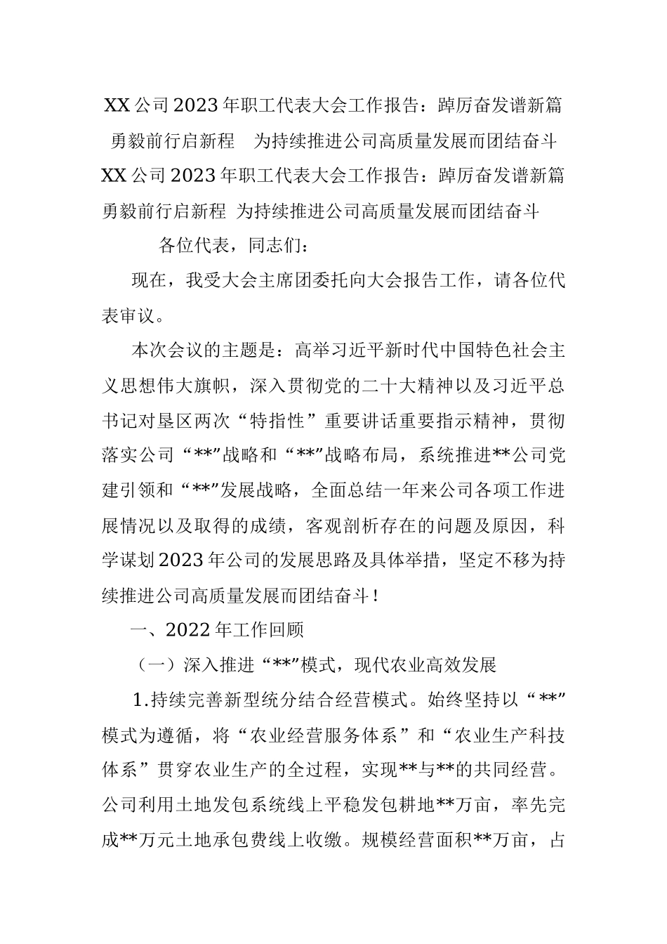 XX公司2023年职工代表大会工作报告：踔厉奋发谱新篇 勇毅前行启新程为持续推进公司高质量发展而团结奋斗.docx_第1页