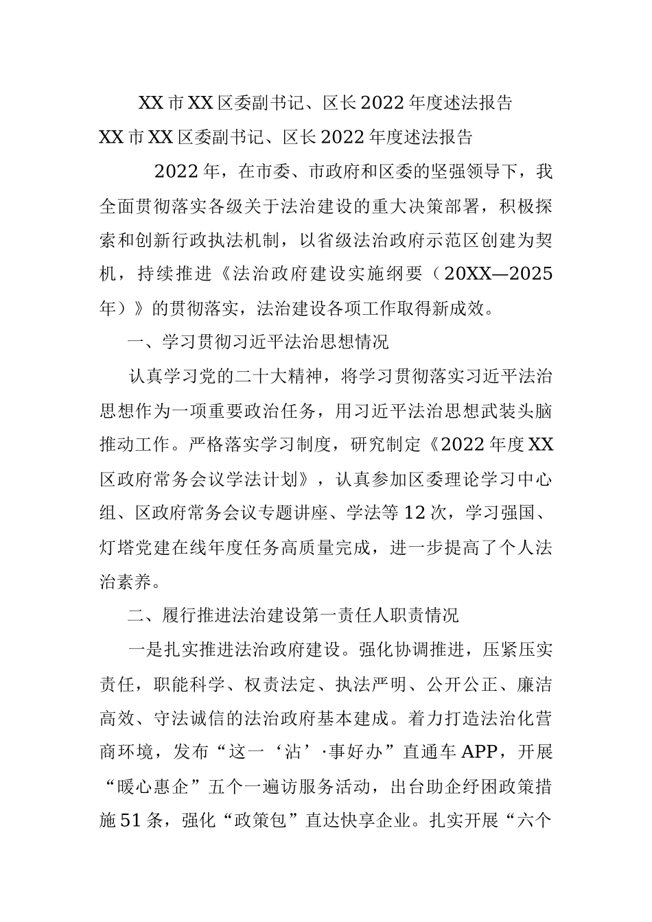 XX市XX区委副书记、区长2022年度述法报告.docx_第1页