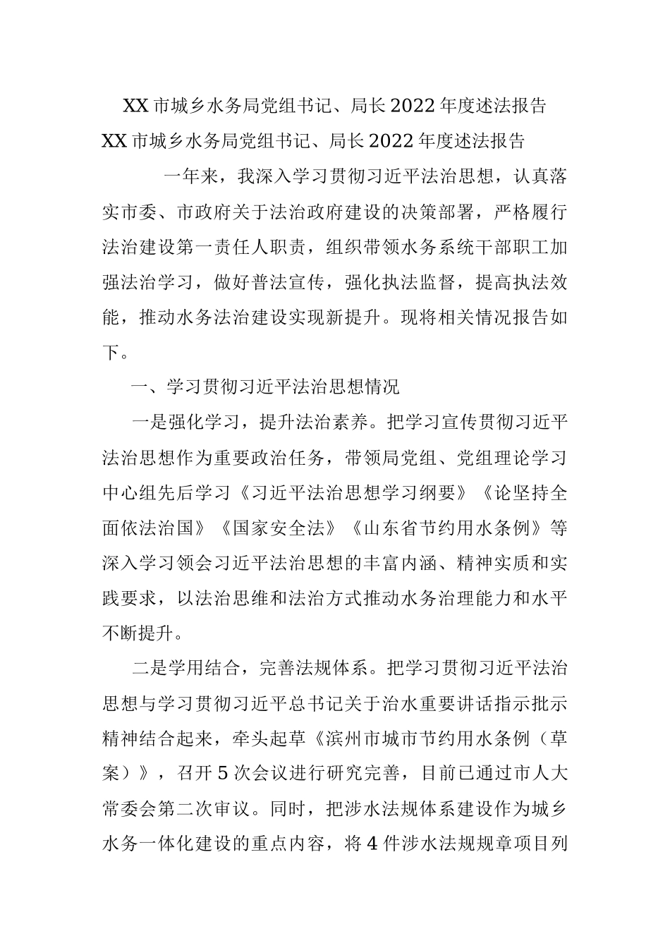 XX市城乡水务局党组书记、局长2022年度述法报告.docx_第1页