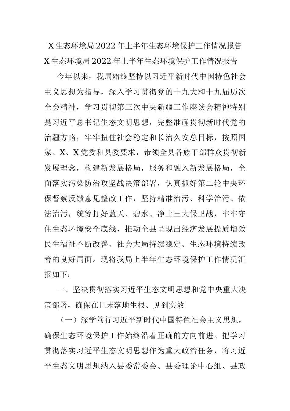 X生态环境局2022年上半年生态环境保护工作情况报告.docx_第1页