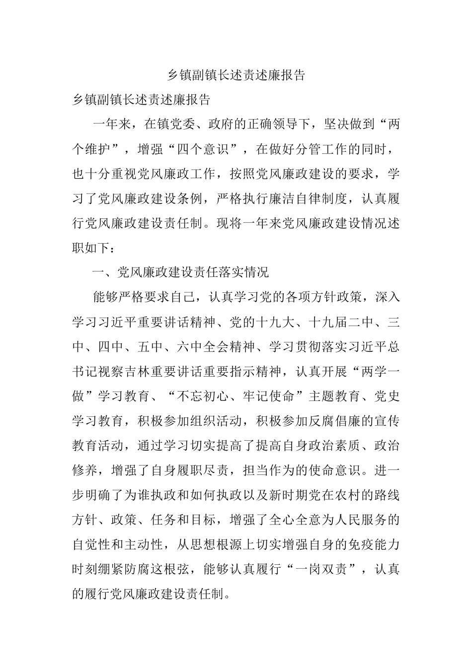 乡镇副镇长述责述廉报告.docx_第1页