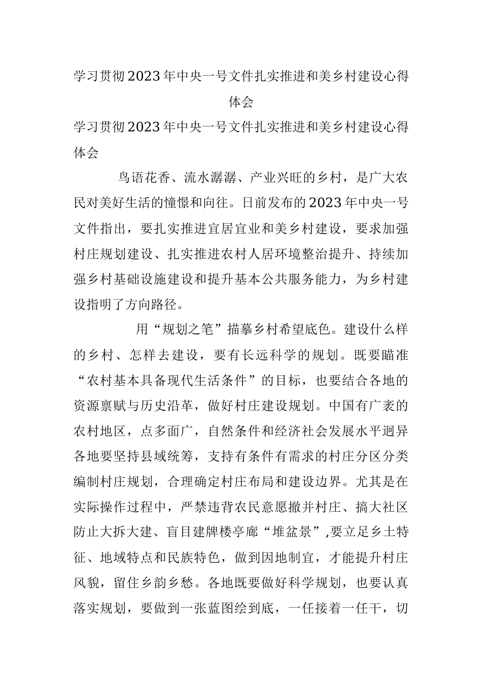 学习贯彻2023年中央一号文件扎实推进和美乡村建设心得体会.docx_第1页