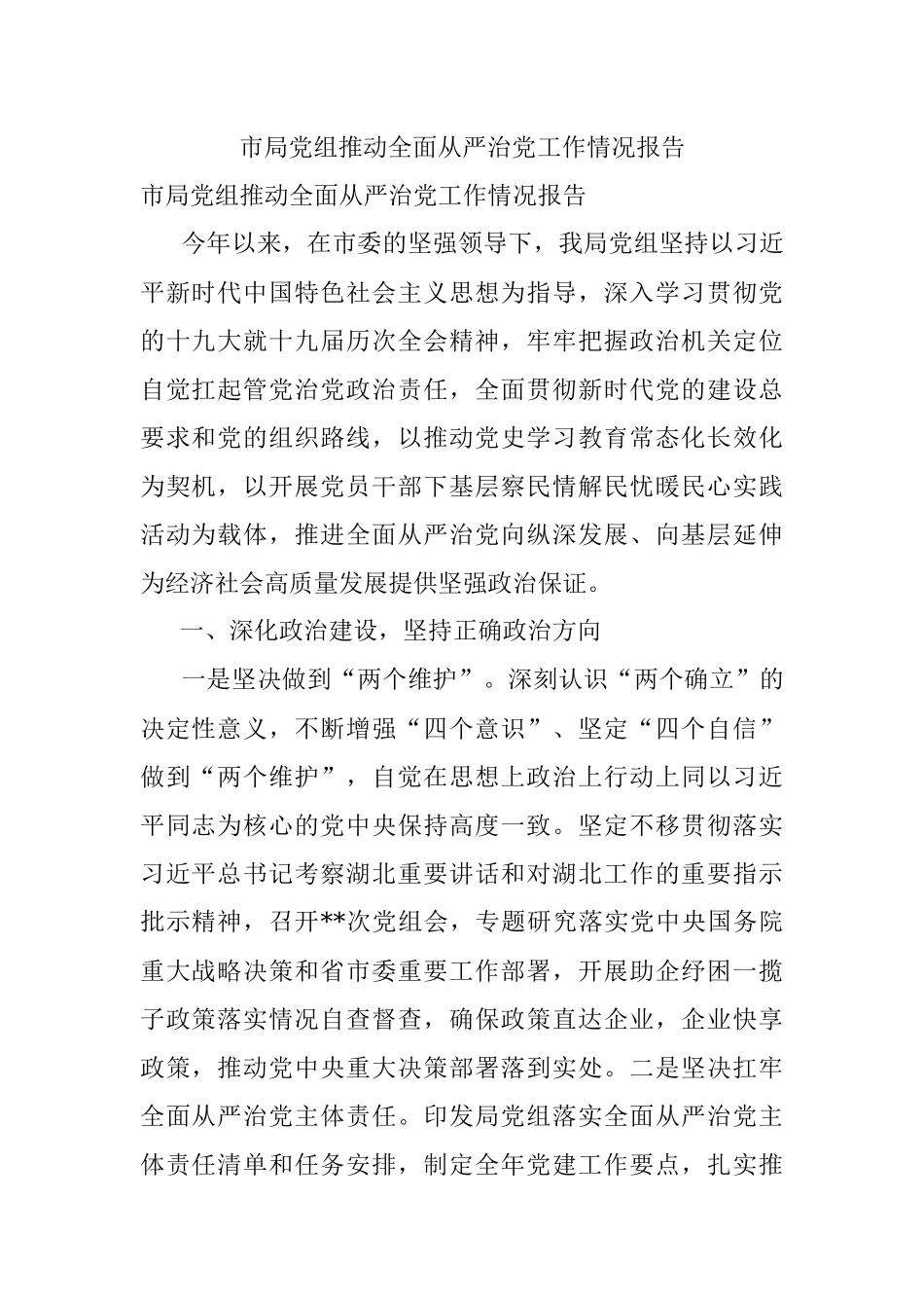 市局党组推动全面从严治党工作情况报告.docx_第1页