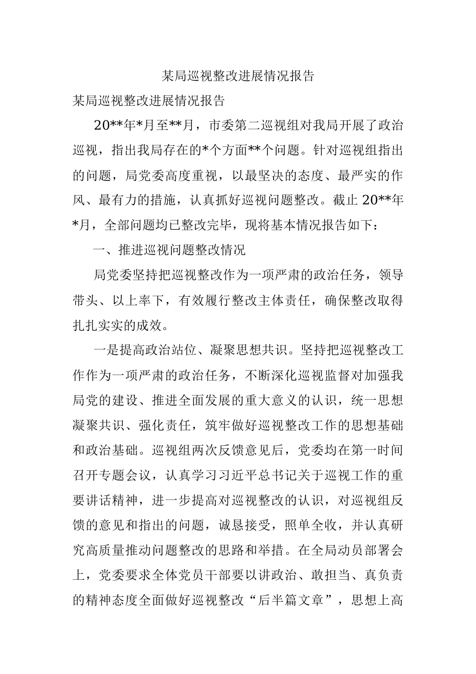 某局巡视整改进展情况报告.docx_第1页