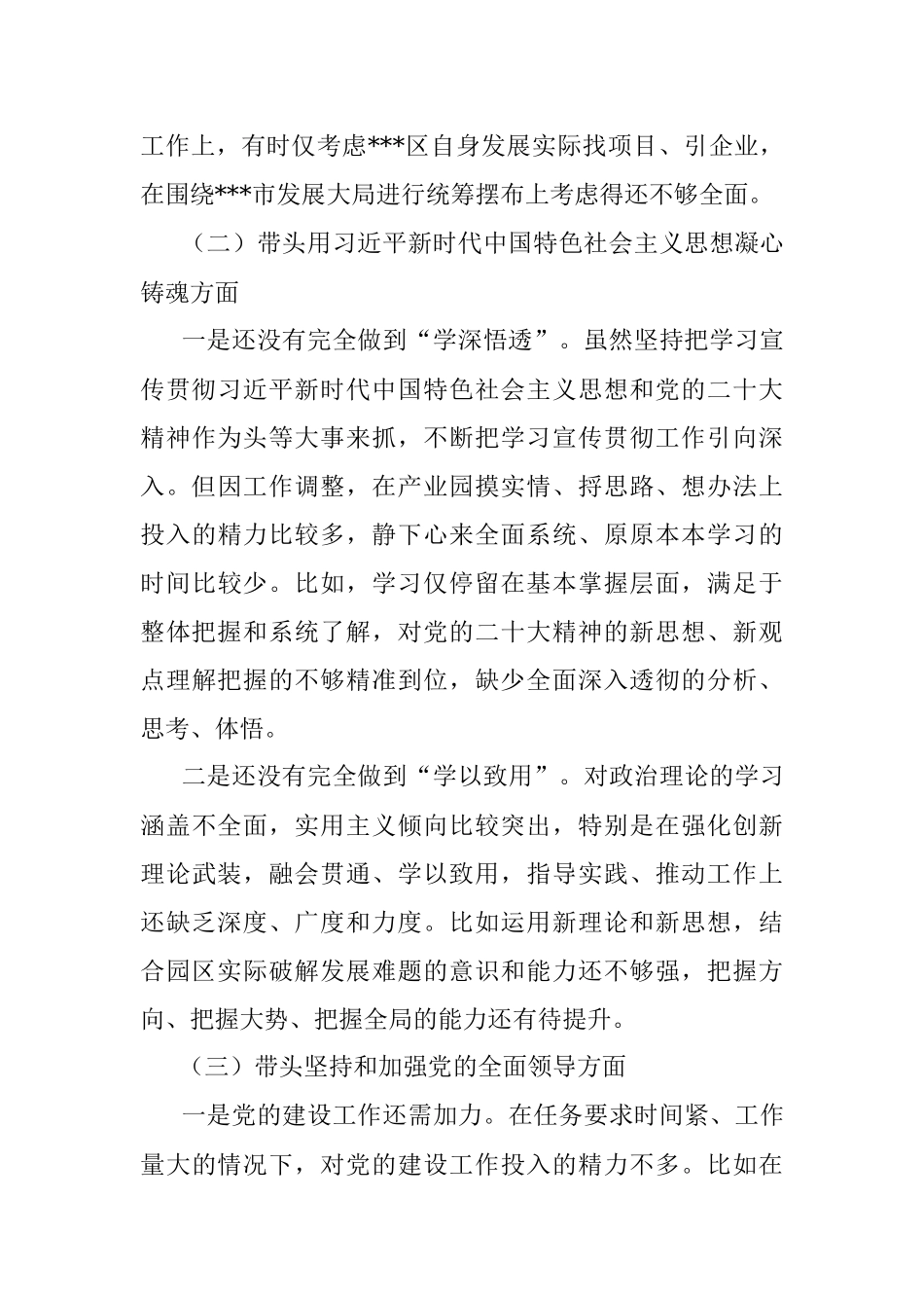 2022年园区民主生活会领导个人对照检查材料.docx_第2页