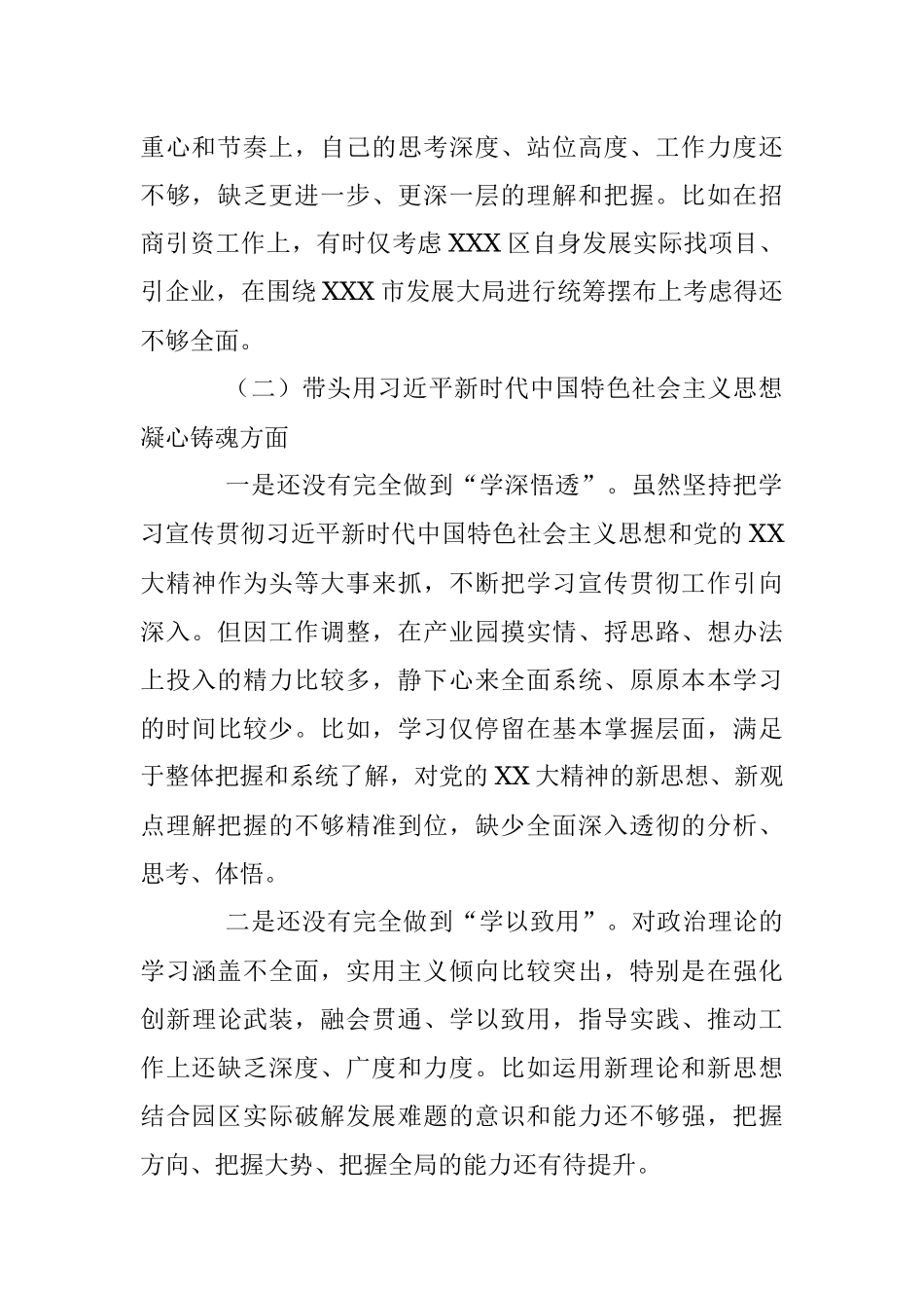 XX园区2022年度民主生活会领导个人对照检查材料（六个带头）.docx_第2页