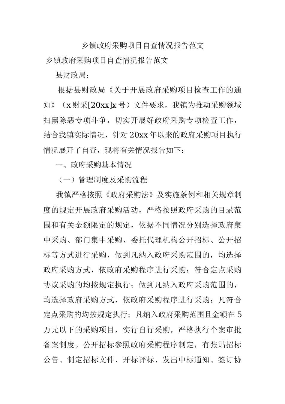 乡镇政府采购项目自查情况报告范文.docx_第1页