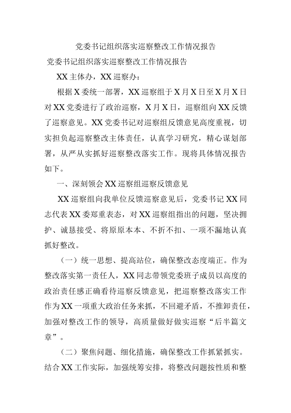 党委书记组织落实巡察整改工作情况报告.docx_第1页