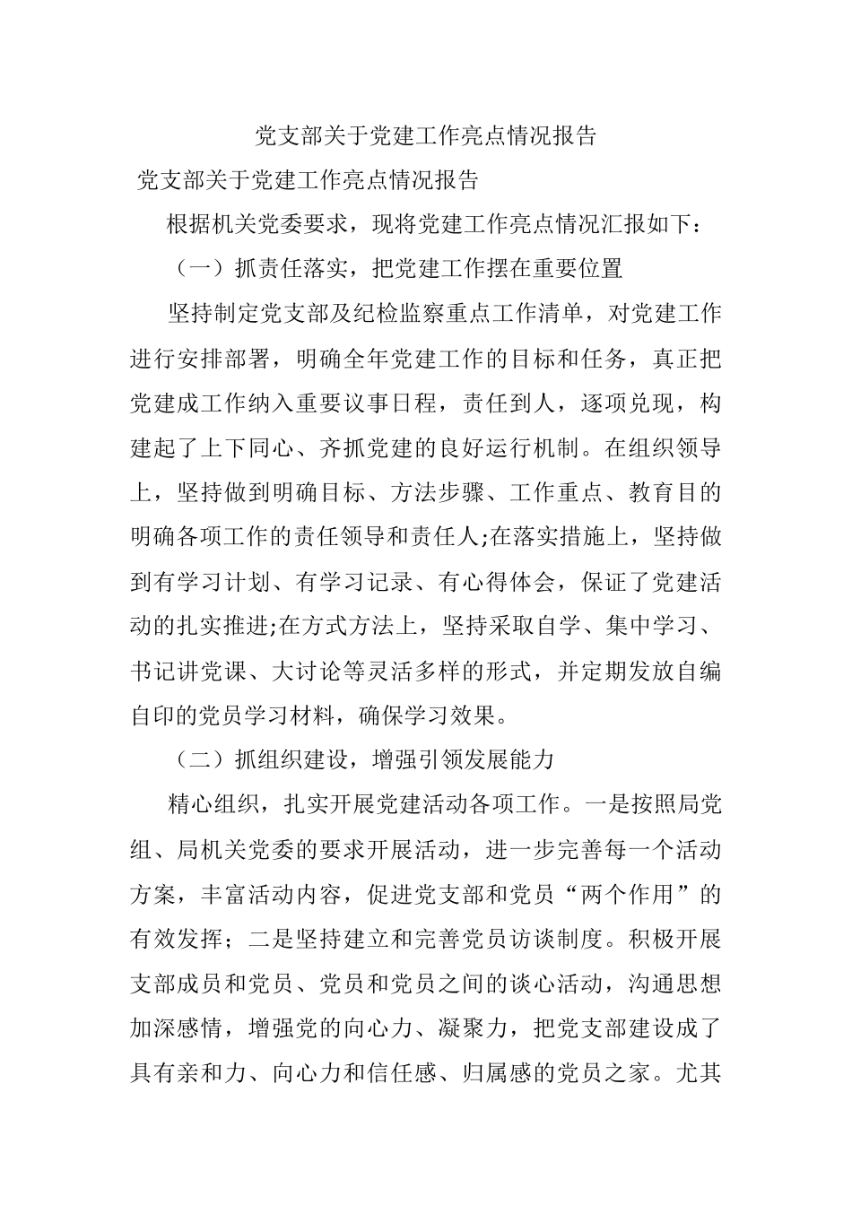 党支部关于党建工作亮点情况报告.docx_第1页